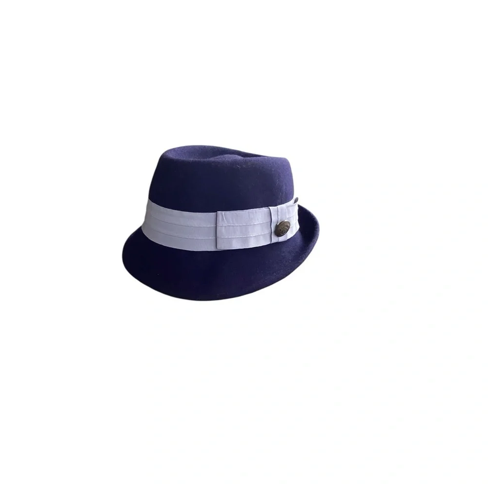 vintage wool felt blue small brim fedora featuring a gray band pork pie hat size